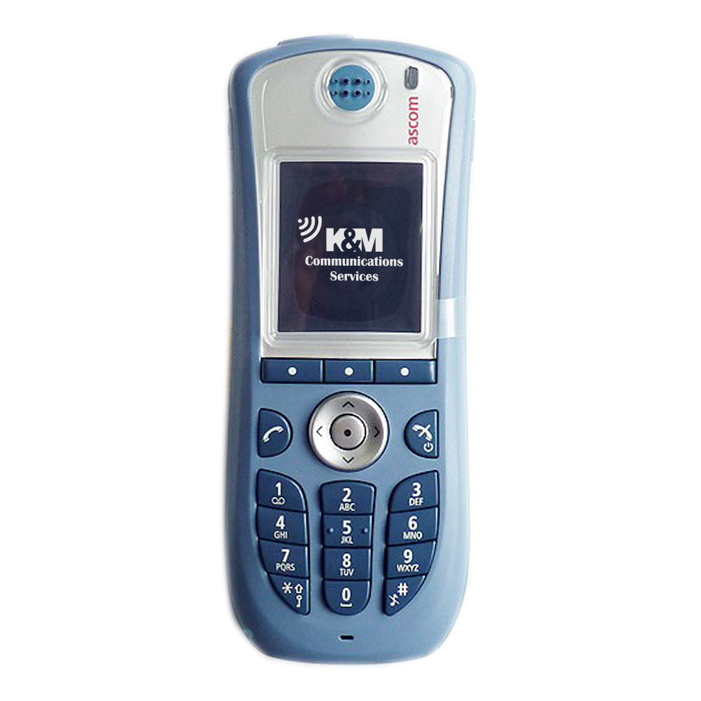K&M Communications Services logo on screen of Ascom i62 phone the smartphone on a white background