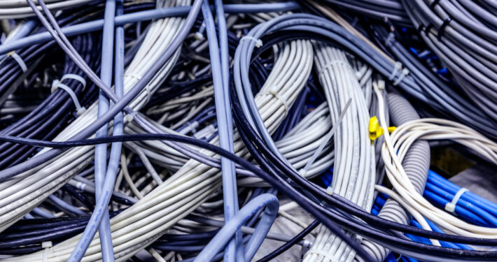 pile of blue and grey miscellaneous wires