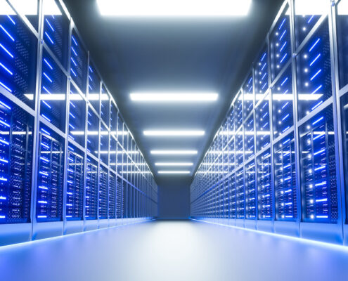 Blue Server room interior in datacenter.