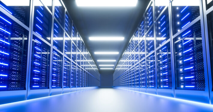 Blue Server room interior in datacenter.