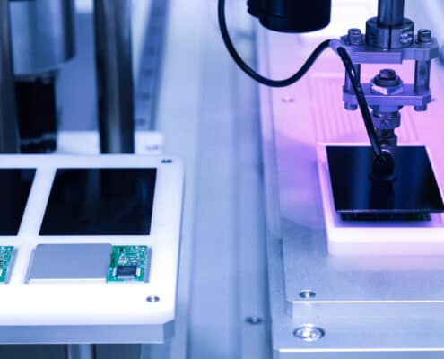 automatic robot arm with vacuum sucker working in the production line and assembling smartphone screens in the new innovative and high technology smartphone factory.
